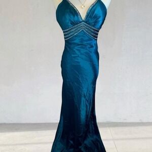 Vintage Y2K teal satin rhinestone mermaid prom dress pageant formal gown